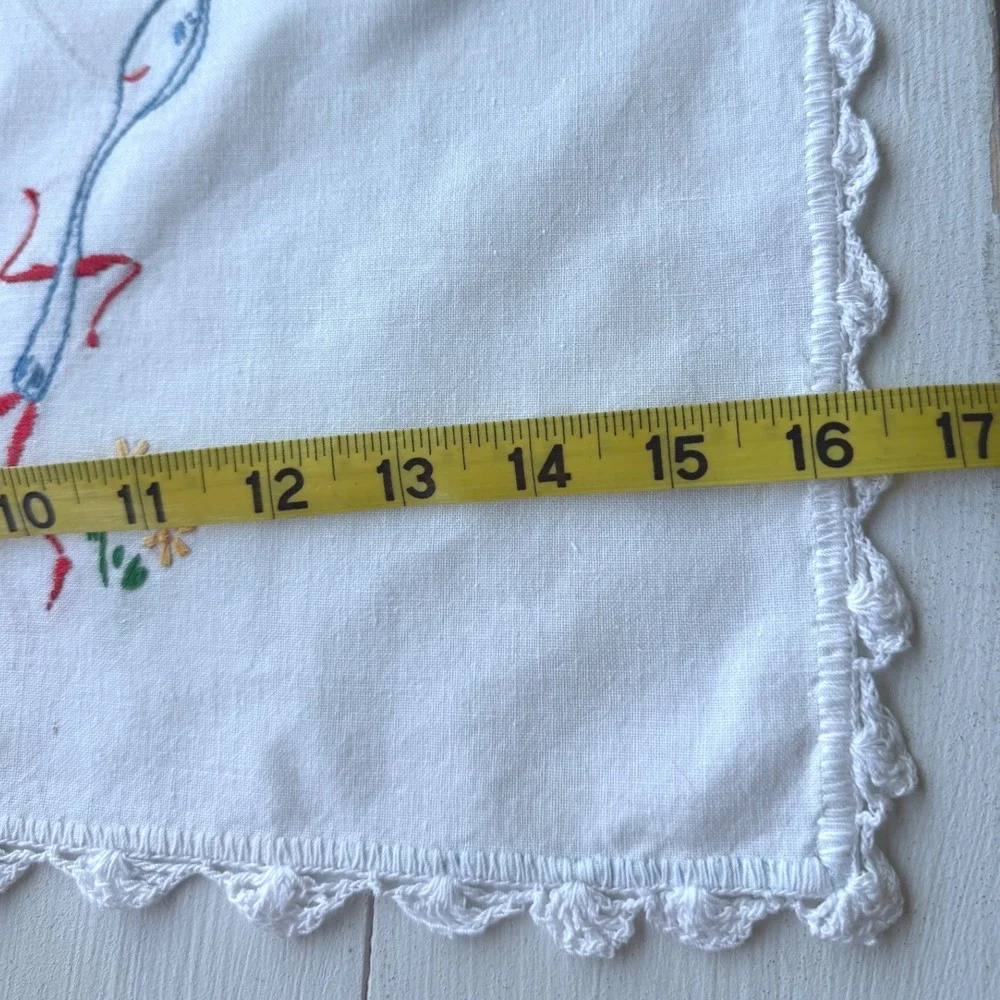 Vintage Embroidered Table Runner White Linen Anthropomorphic Tea Party 36x16
